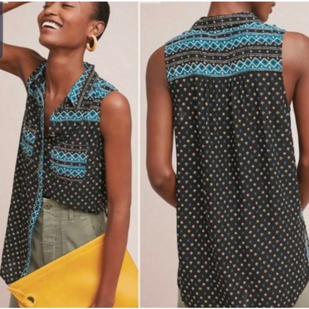 Akemi + Kin Anthropologie Ira Tribal Print Tunic Top Women's Size M Black Blue